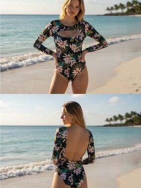 Billabong Black Floral Long-Sleeve One-Piece Swimsuit